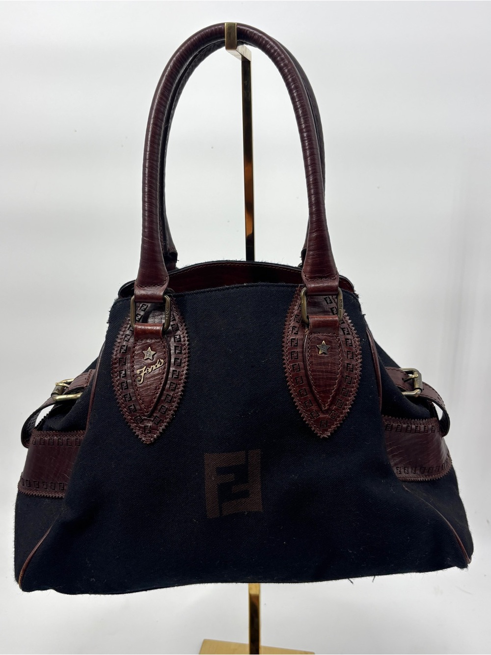 Fendi Black Canvas And Brown Leather Etniko Bag
